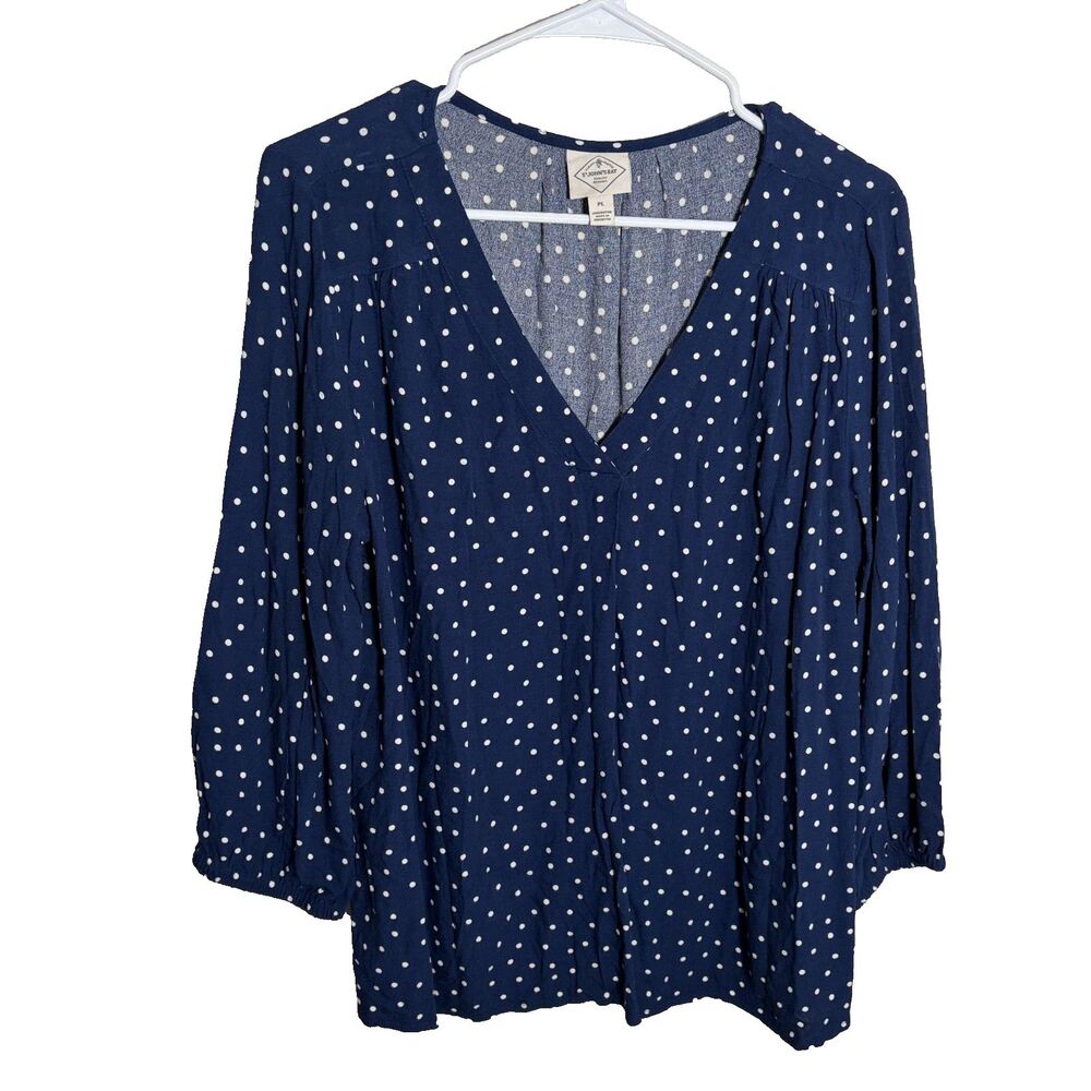 St John's Bay Blouse Women's Petite Large Blue Polka Dot V-Neck 3/4 Sleeve